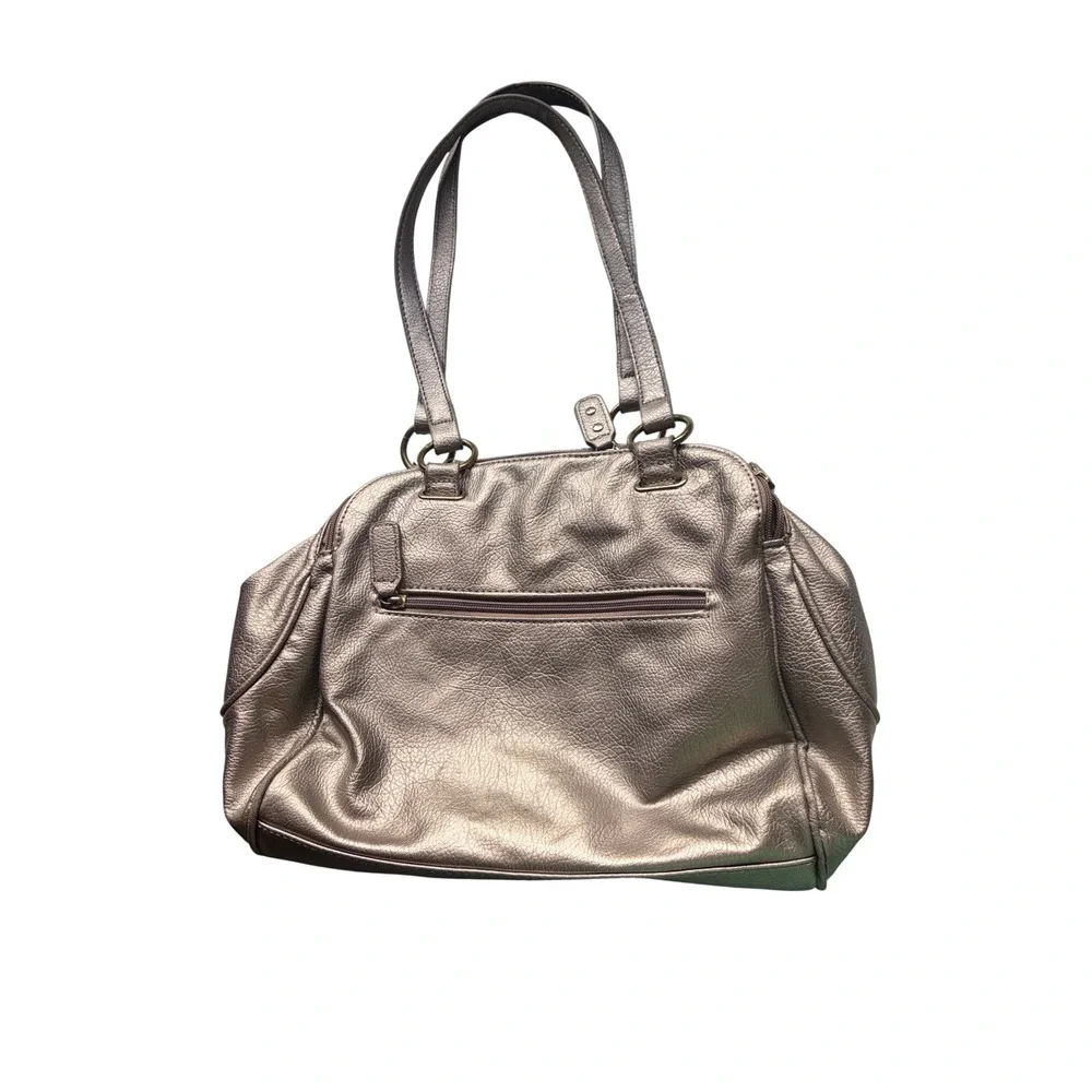 Nicole‎ Miller Pewter Metallic Faux Leather Shoulder Bag Satchel Multi-Pocket